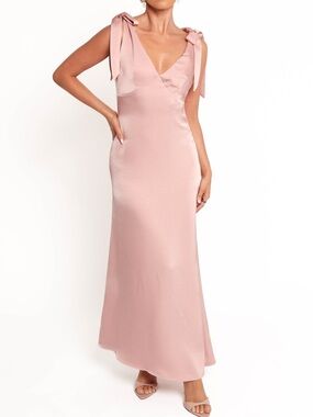Petal & Pup Tie-Shoulder Satin Maxi Dress in Blush Pink